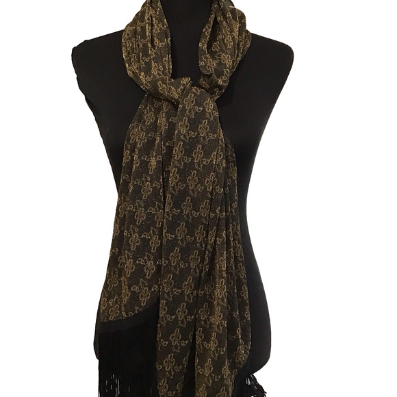 Black Gold Metallic Fringe Scarf Shawl Wrap Evening Wedding Party 75"x18" - Picture 2 of 11